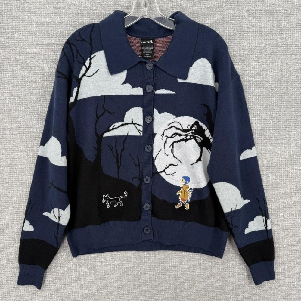 LAIKA Sweater Cardigan Womens M Blue Coraline Embroidered Graphic Collared Movie